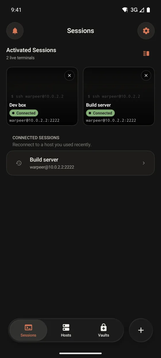 Warpeer for Android Sessions tab with two live terminal cards, Dev box and Build server, and a recent host.