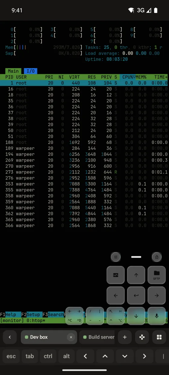 Warpeer for Android floating key pad over a terminal, with arrows, Enter, SFTP and modifier keys.