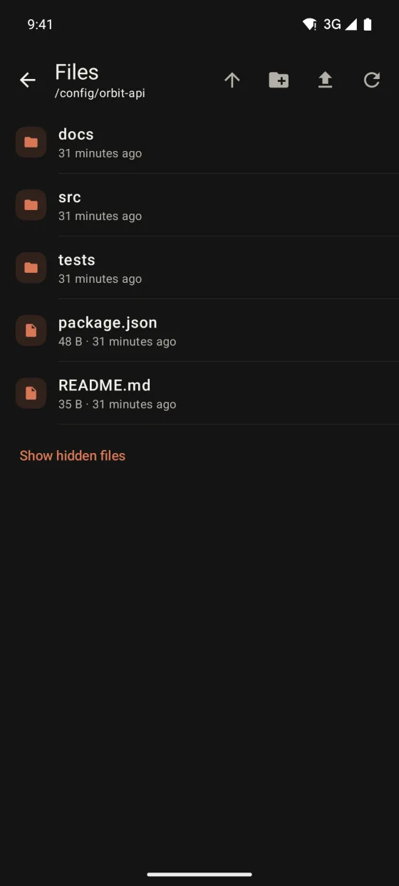 Warpeer for Android SFTP browser showing a project folder with docs, src, tests, package.json and README.md.