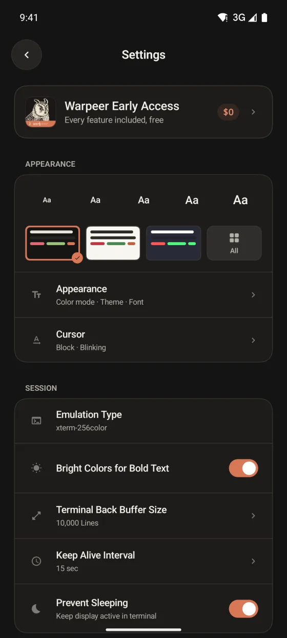 Warpeer for Android Settings with font size presets, terminal theme swatches and session options.