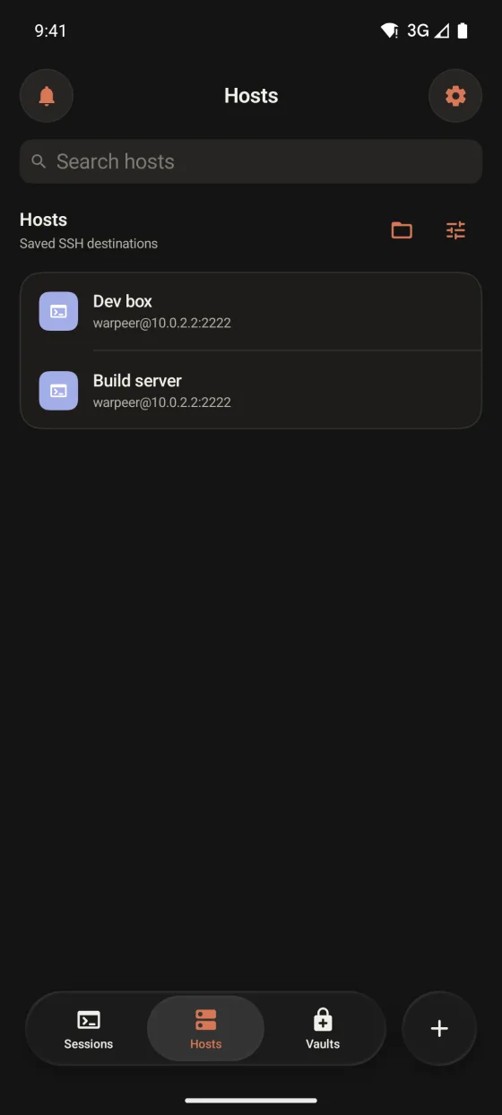 Warpeer for Android Hosts tab with two saved SSH hosts and the SFTP and host management buttons.