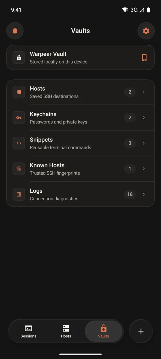 Warpeer for Android Vaults tab with hosts, keychains, snippets, known hosts and logs stored on the device.