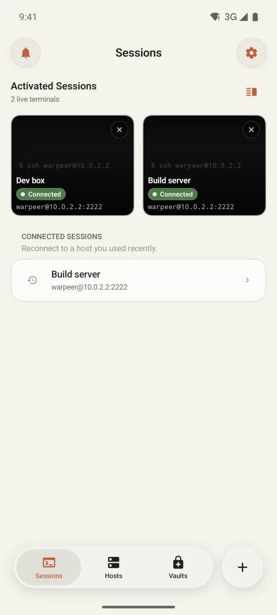 Warpeer for Android Sessions tab with two live terminal cards, Dev box and Build server, and a recent host.