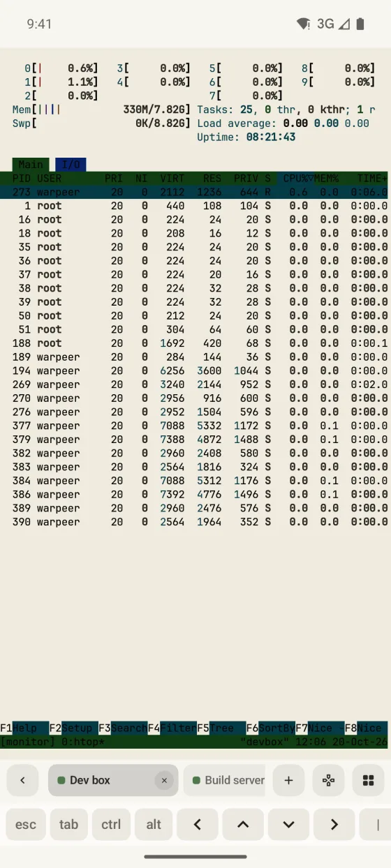 Warpeer for Android terminal running htop in tmux, with the session dock showing two tabs and the key bar.