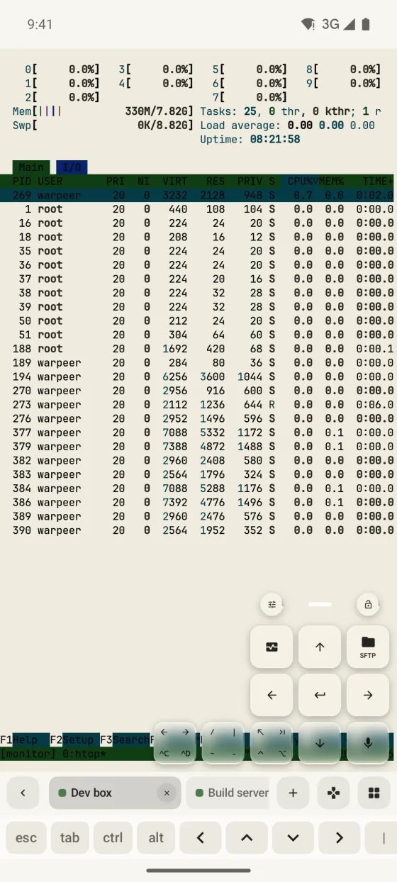 Warpeer for Android floating key pad over a terminal, with arrows, Enter, SFTP and modifier keys.