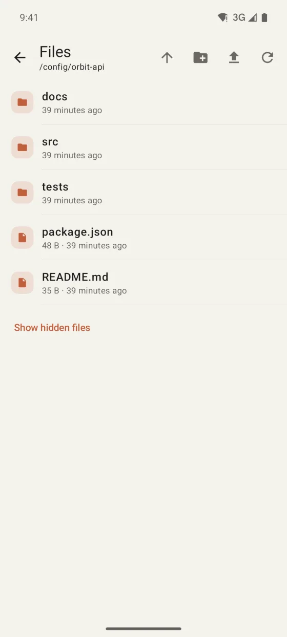 Warpeer for Android SFTP browser showing a project folder with docs, src, tests, package.json and README.md.