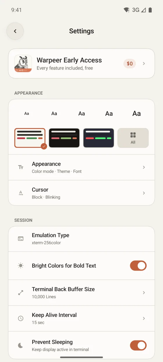 Warpeer for Android Settings with font size presets, terminal theme swatches and session options.