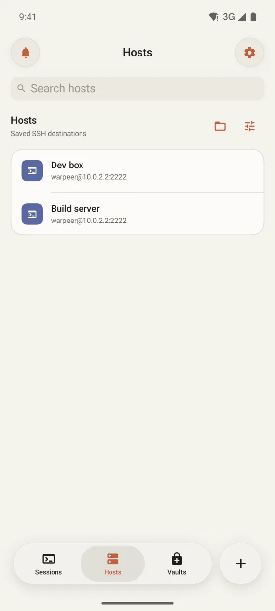 Warpeer for Android Hosts tab with two saved SSH hosts and the SFTP and host management buttons.