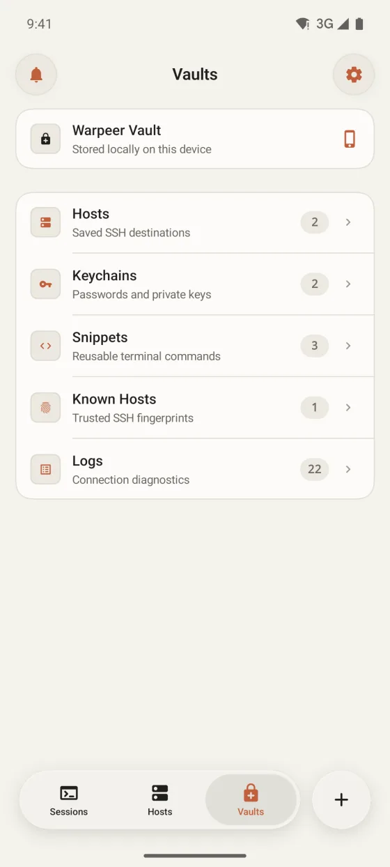 Warpeer for Android Vaults tab with hosts, keychains, snippets, known hosts and logs stored on the device.