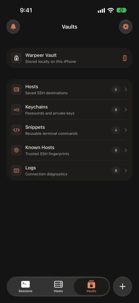Warpeer Vault with hosts, keychains, snippets, known hosts and logs stored on the iPhone.