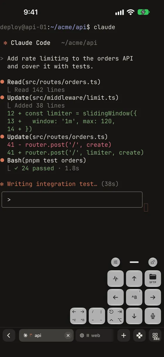Floating magic keys over a terminal session with arrows, modifiers, SFTP and voice input.