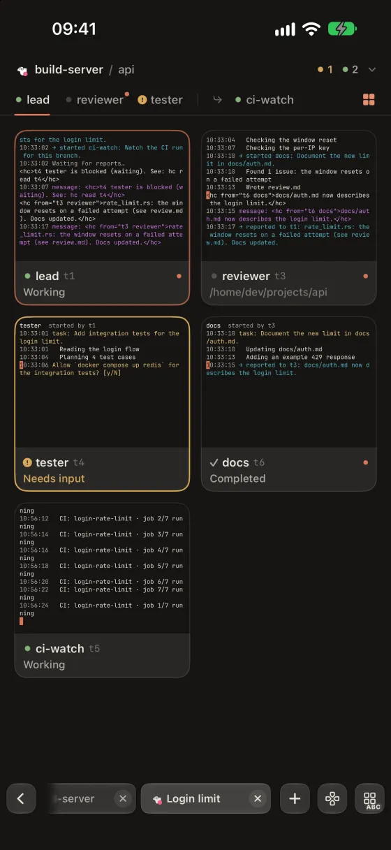 A grid of Herdr agent cards with live terminal pictures and states: working, needs input and completed.