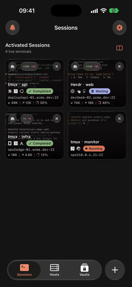 A Warpeer session card on Home changing from Completed to Working to Needs input as a Claude Code agent progresses.