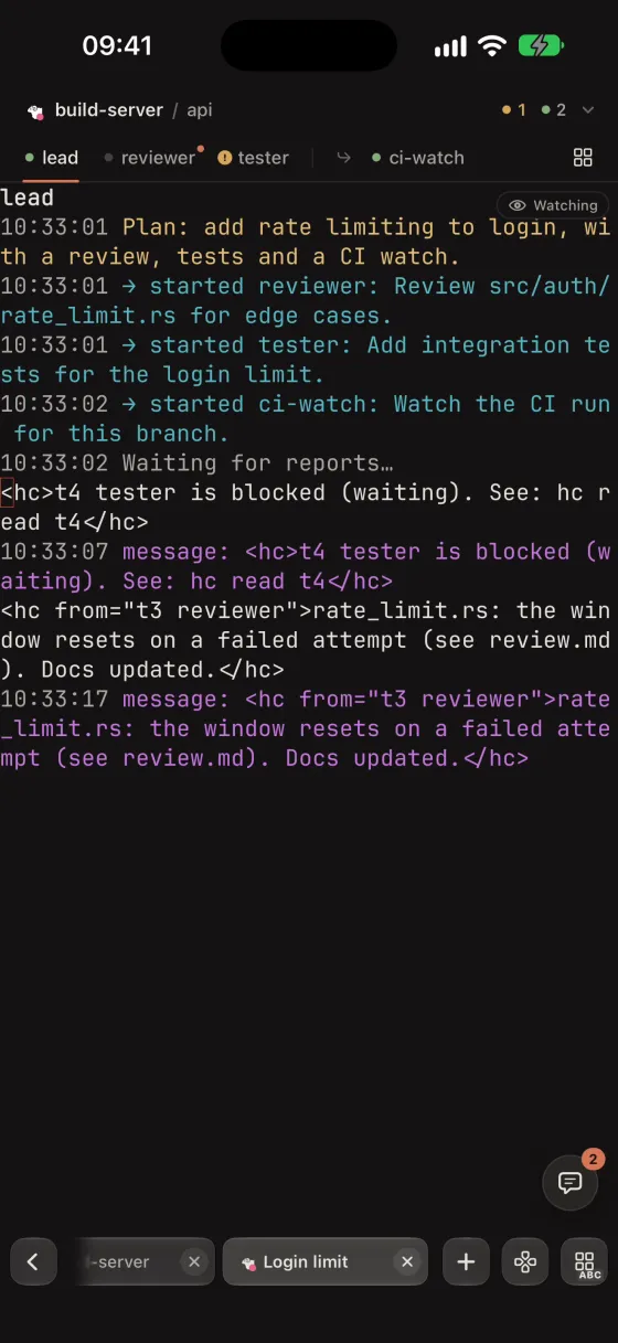 A Native Herdr tab turns into a grid of live agent cards, one outlined because it needs input, then opens that agent.