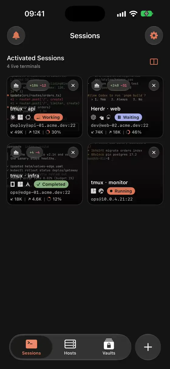 Warpeer for iPhone opening a Claude Code session from Home, swiping to a Codex session and returning to the session list.