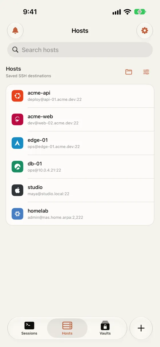 Saved SSH hosts with operating-system badges and endpoints.