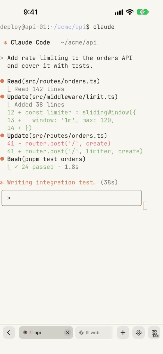Claude Code running in a remote tmux session inside Warpeer for iPhone.