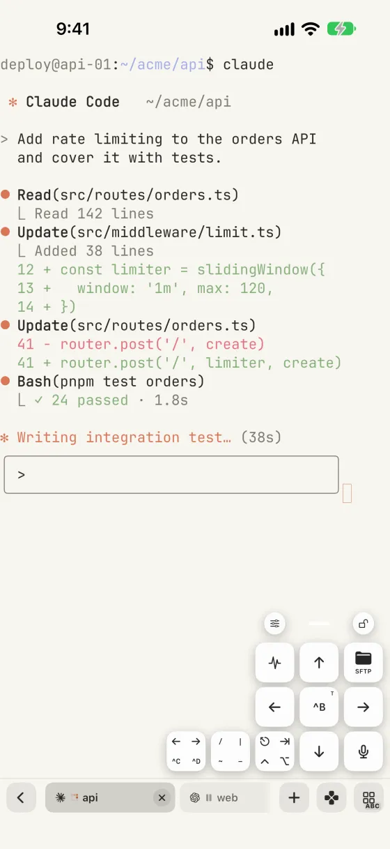 Floating magic keys over a terminal session with arrows, modifiers, SFTP and voice input.