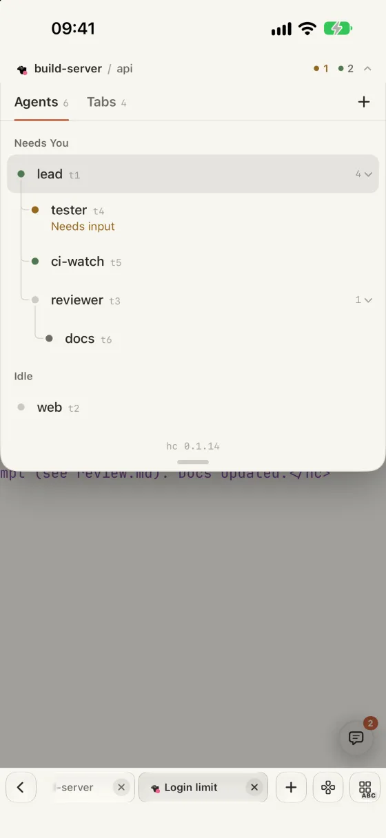The agent drawer lists every Herdr agent as a tree of who started whom, with the one that needs input first.