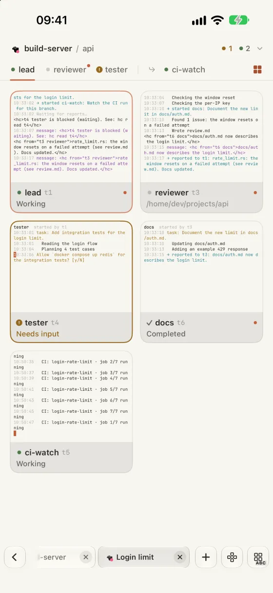A grid of Herdr agent cards with live terminal pictures and states: working, needs input and completed.