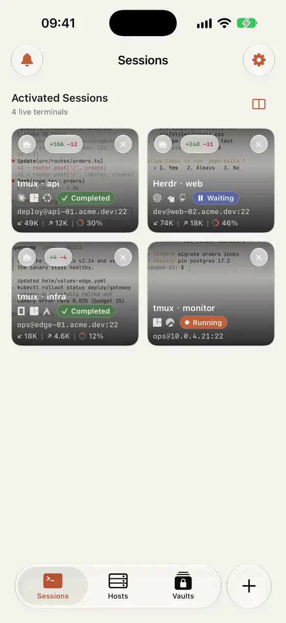 A Warpeer session card on Home changing from Completed to Working to Needs input as a Claude Code agent progresses.