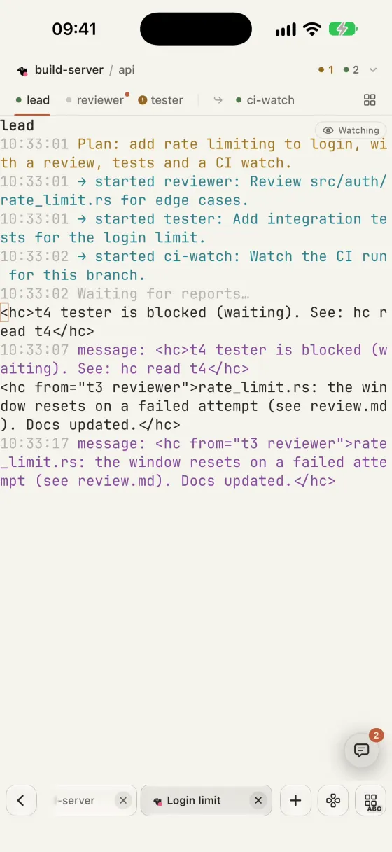 A Native Herdr tab turns into a grid of live agent cards, one outlined because it needs input, then opens that agent.